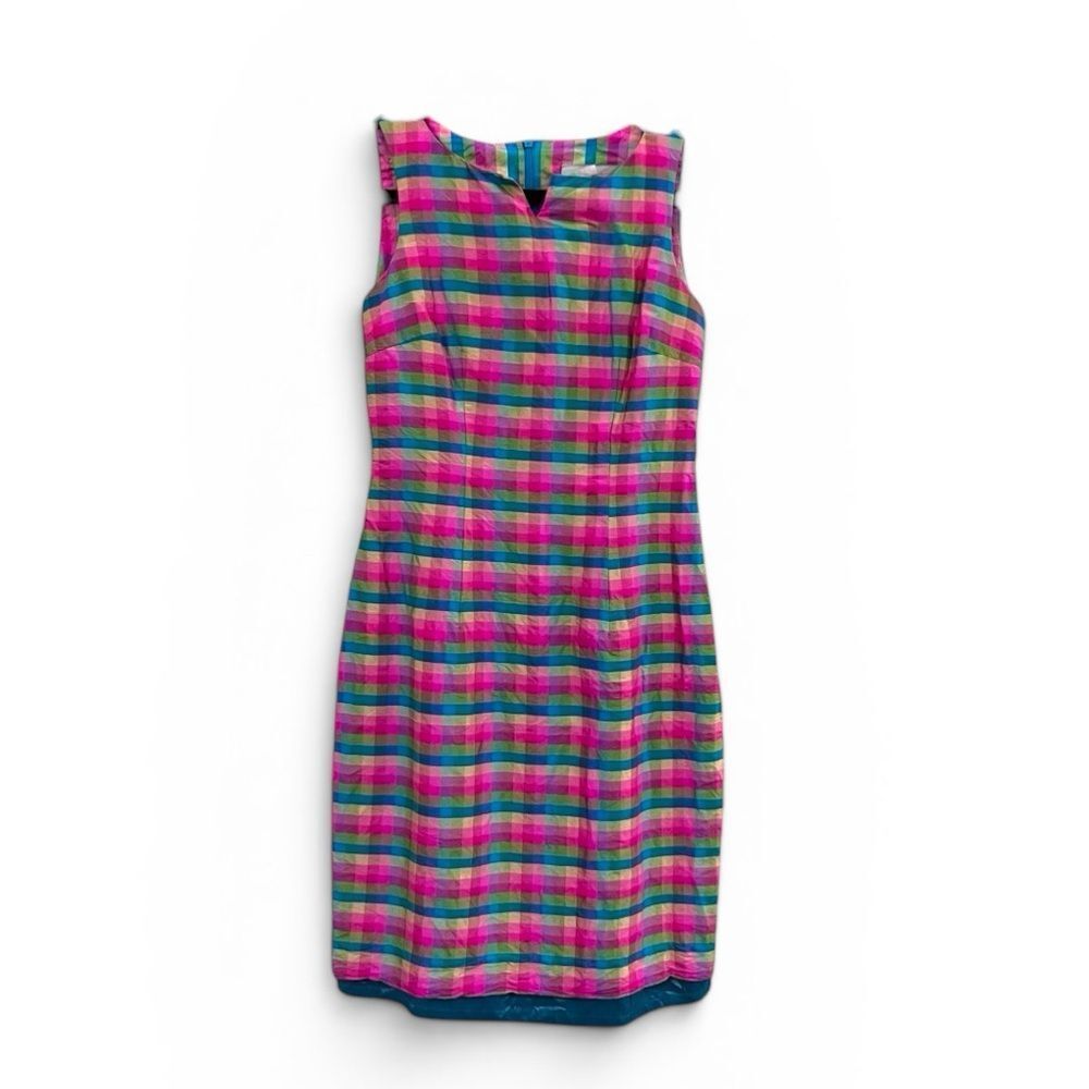 Sharon Young Silk Sheath Dress Sz 2 Colorful Plaid Sleeveless Easter Spring USA